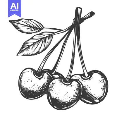 Aset premium populer: A detailed black and white engraving of three ripe cherries