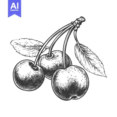 Aset desain premium: Black and white illustration of ripe cherries on a branch