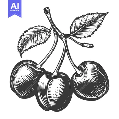 Aset premium populer: Three cherries with leaves are shown in a detailed illustration