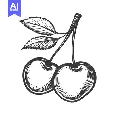 Premium design asset: A detailed illustration depicts two cherries with their leaves and ste