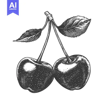 Aset premium populer: A Detailed Engraving Of Two Cherries With Leaves