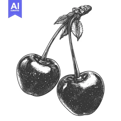 Aset desain premium: A Detailed Ink Drawing of Two Cherries on a Stem