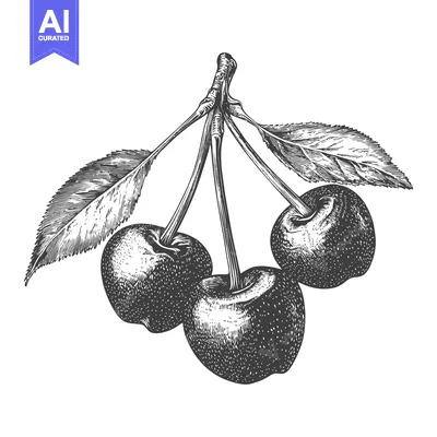 Aset desain premium: Three Cherries on a Branch with Leaves