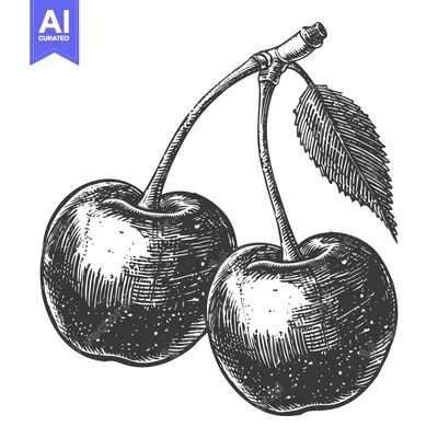 Premium design asset: Two Cherries with Stem and Leaf Drawing
