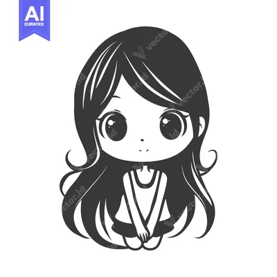 Aset premium populer: A cute illustrated girl with long hair sitting attentively