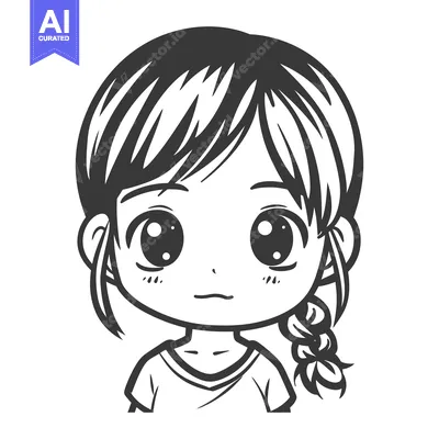 Premium design asset: A monochrome vector illustration depicting a young girl with braided h