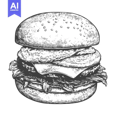 Aset premium populer: Delicious Hand Drawn Burger Illustration Featuring Juicy Patty And Fre
