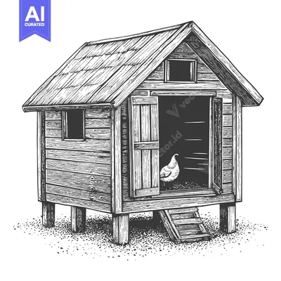 Aset premium populer: Rustic Wooden Chicken Coop With A Single Hen Inside