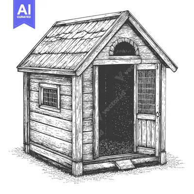 Aset desain premium: A rustic wooden shed with an open door stands on grass