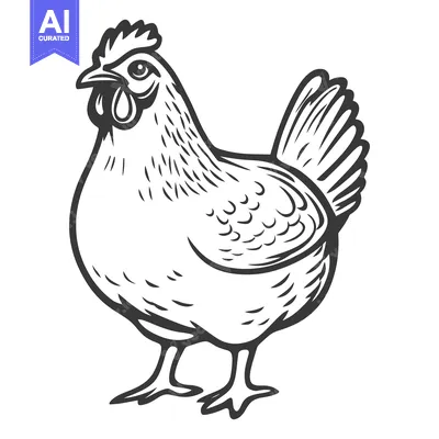 Aset premium populer: A detailed black and white drawing depicting a single chicken standing