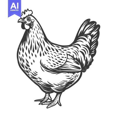 Aset premium populer: A detailed black and white illustration of a standing hen