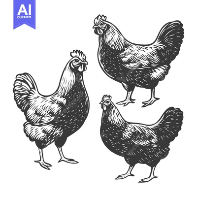 Aset desain premium: Three poultry animals depicted in an illustrative black and white draw