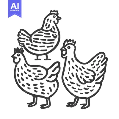 Aset premium populer: Three simplified line art illustrations of farmyard fowl chickens