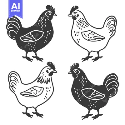 Premium design asset: Four stylized illustrations depicting black and white chickens facing