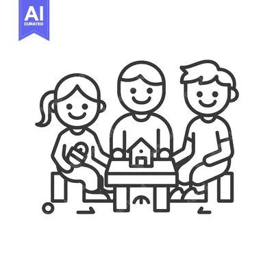 Three cartoon children seated together at a small table