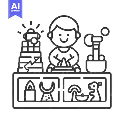Aset desain premium: Smiling child playing with toys arranged on a shelf display