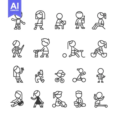 Aset premium populer: Children Engaged in Various Activities Illustrated by Line Drawings