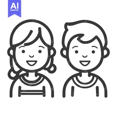 Aset premium populer: Two smiling children depicted in simple black and white cartoon form