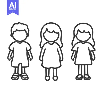 Aset premium populer: Three children stand together with simple line art illustration