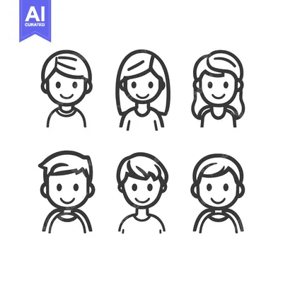 Aset desain premium: Simple line art illustrations depicting various smiling human faces