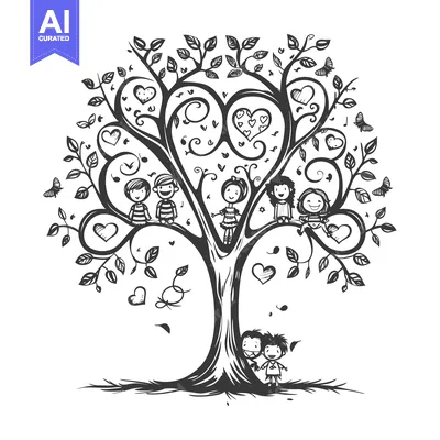 Popular premium asset: Children Playing and Sitting on a Heart-Shaped Tree with Butterflies a