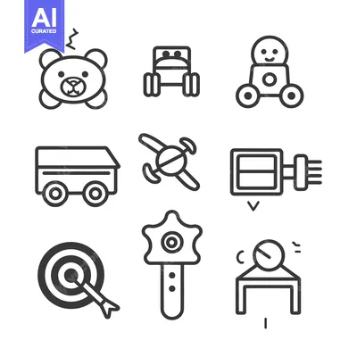 Aset premium populer: Illustrated icons representing different toys and playthings with line