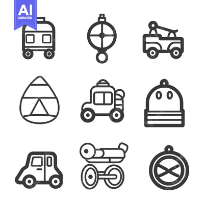 Aset premium populer: Simple black and white icons representing transportation and various i