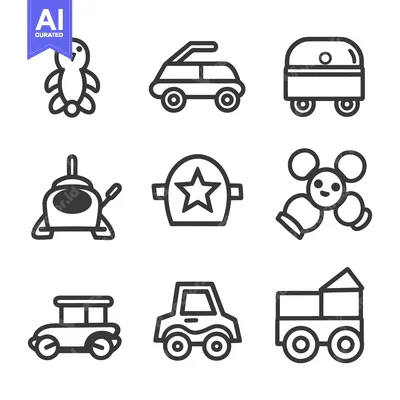Aset desain premium: Simple illustrations of various toy items against a white background