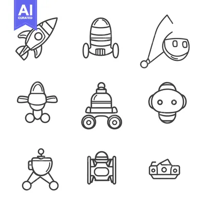 Various black and white line art illustrations of space exploration ve