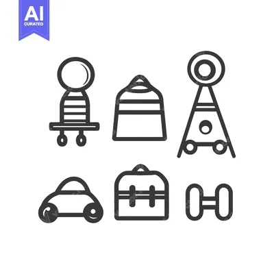 Aset desain premium: Six simple black outlined icons representing various different objects