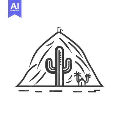 Aset desain premium: A desert scene depicts a mountain with cacti and palms