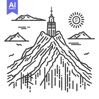 Premium design asset: A mountain peak with a tall structure and surrounding scenery
