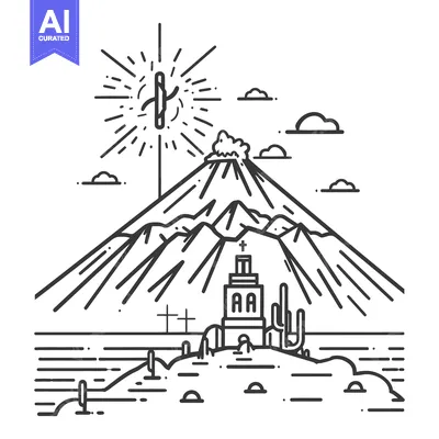 Aset premium populer: A stylized illustration depicts a mountain landscape with religious sy