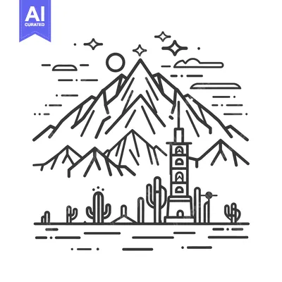 Premium design asset: A black and white desert landscape with mountain and tower
