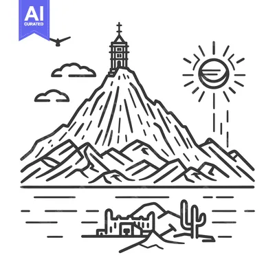 Popular premium asset: A simple black and white mountain scene with a small building on top