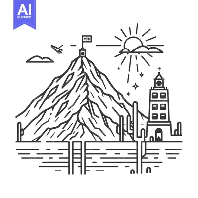 Premium design asset: A mountain landscape featuring a sun and a building outline