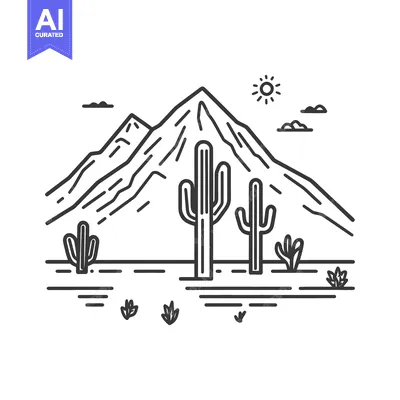 Aset premium populer: A simple black and white illustration depicts a desert landscape scene