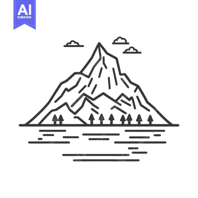 Premium design asset: A minimalist illustration depicts a mountain range with trees and wate