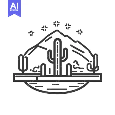Aset premium populer: Simple line art of a desert landscape with cacti and mountains