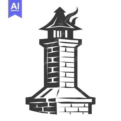Premium design asset: A black and white tower with a decorative roof and flames
