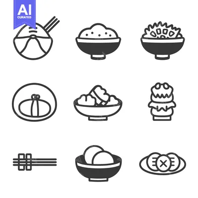 Aset premium populer: Nine different illustrations of asian food presented in bowls