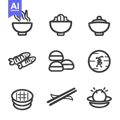 Popular premium asset: Black and white icon set depicting several asian food dishes