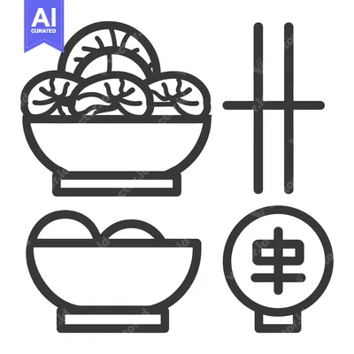 Aset premium populer: Graphic illustration of various dumplings bowls and chopsticks
