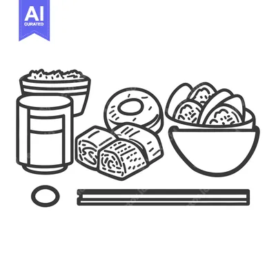 Aset premium populer: Line art illustration depicts a selection of various food items