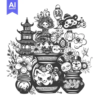 Premium design asset: Chinese New Year Illustration with Animals and Lanterns
