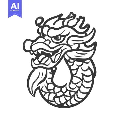 Aset premium populer: A detailed monochrome line art image depicts a dragon head