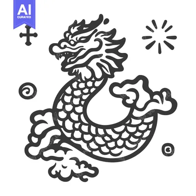 Aset desain premium: An illustration of an ornate dragon with decorative surrounding elemen