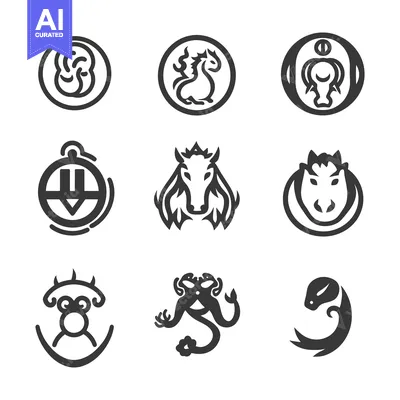 Aset desain premium: Collection of stylized animal and abstract emblem illustrations are di