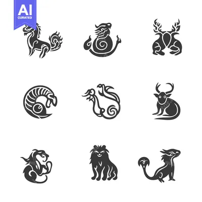 Aset desain premium: Nine Stylized Animal Icons With Decorative Abstract Designs