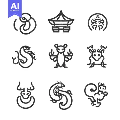 Aset desain premium: Symbolic minimalistic vector illustrations showing various cultural my